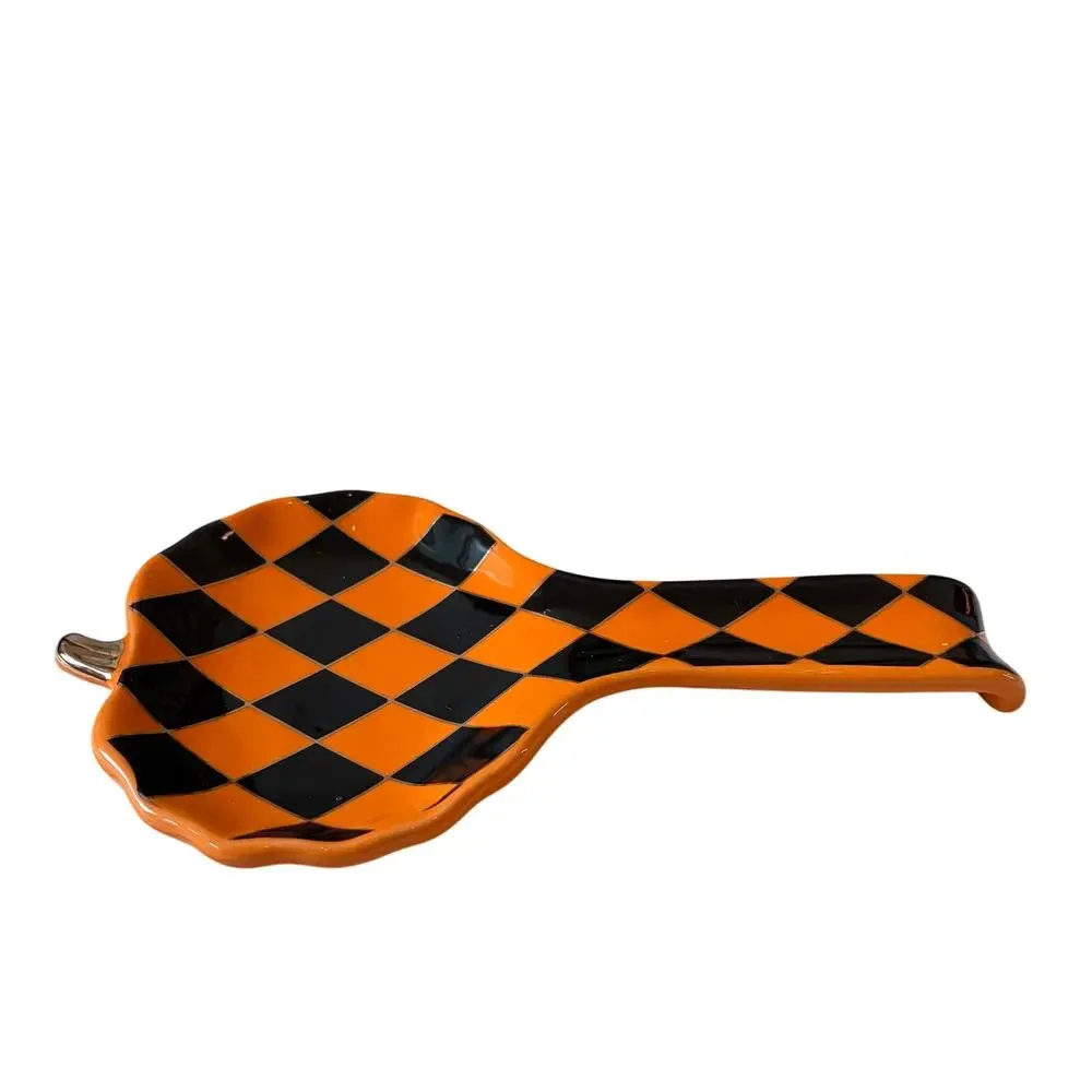 Black & Orange Harlequin Pumpkin Spoon Rest 10in Ceramic Checkered Halloween NEW